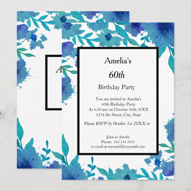60:e blåa blommor Födelsedagsfest inbjudan (Fram/baksida)