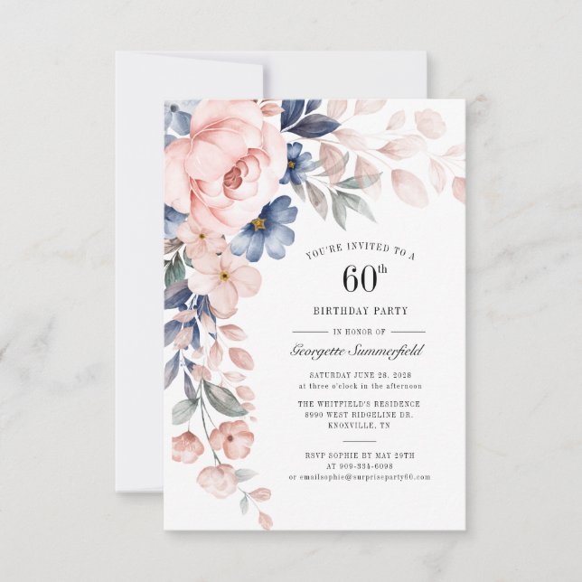 60:e Blommigten på födelsedagen Dusty Blue Rosa Inbjudningar (Framsida)