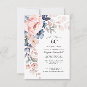 60:e Blommigten på födelsedagen Dusty Blue Rosa Inbjudningar