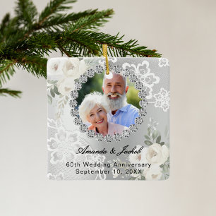 60:e Bröllop-årsdagen för silver fotot blommigt sn Julgransprydnad Keramik