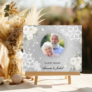 60:e Bröllop-årsdagen silver fotot snöre blommigt Gästböcker
