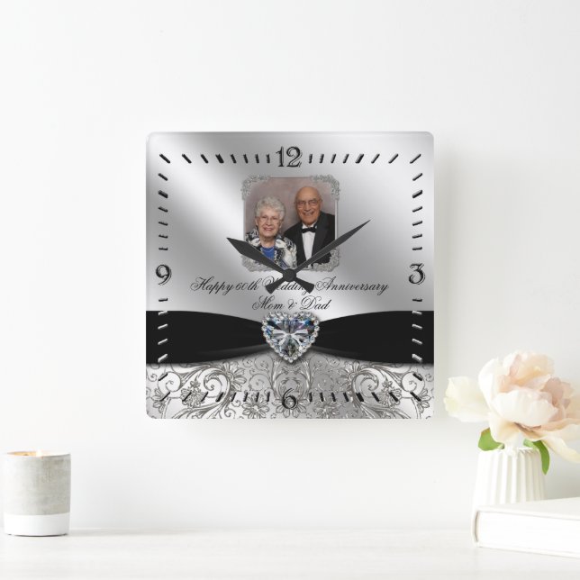 60:e Bröllop-årsjubileet Foto Square Wall Clock Fyrkantig Klocka (Hem)