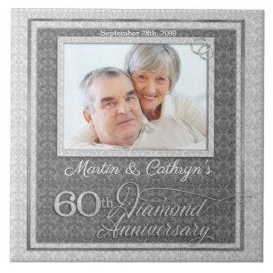 60:e diamantårsdagen Silver Damask Photo Kakelplatta