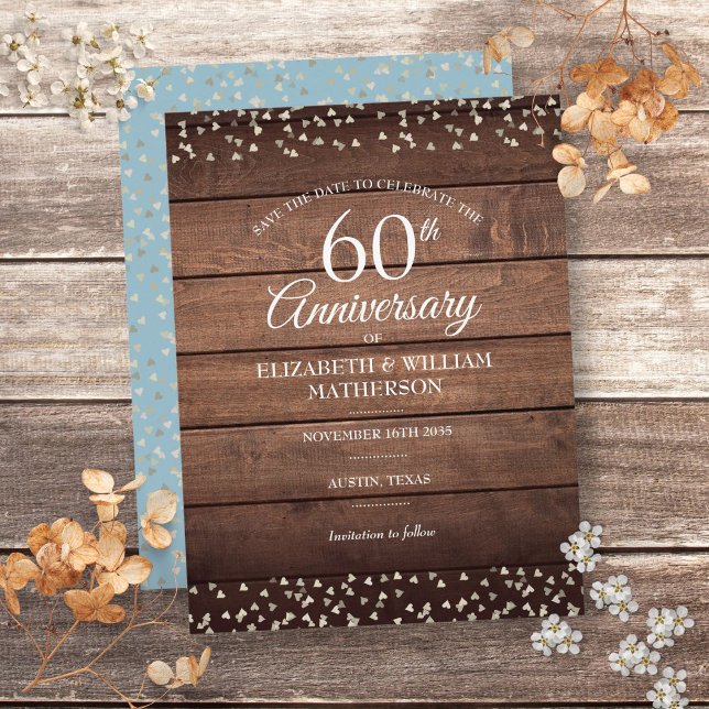 60:e diamantårsdagen Spara datumet Rustic Vykort (60th Diamond Anniversary Save the Date Rustic Postcard)