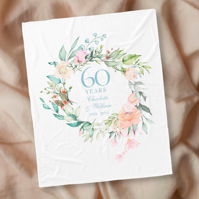 60:e Diamond Bröllop-årsdagen Blommigt Garland Fleecefilt (Skapare uppladdad)