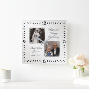 60:e Diamond Bröllop-årsjubileet Foto Wall Clock Fyrkantig Klocka
