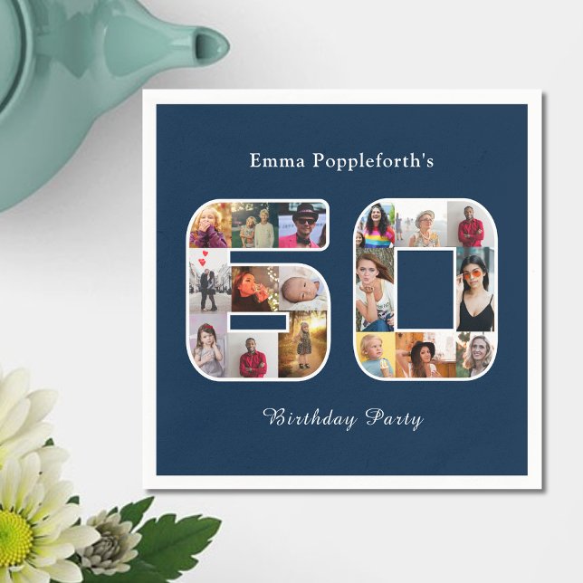 60:e födelsedag 60 fotokollage Mörk blått Pappersservett (Dark Navy Blue 60th birthday party paper napkin. 60 photo collage template.)