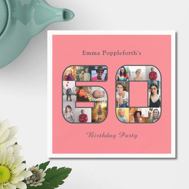 60:e födelsedag 60 fotokollage  Rosa Pappersservett (Blush pink 60th birthday party paper napkin. 60 photo collage template,)