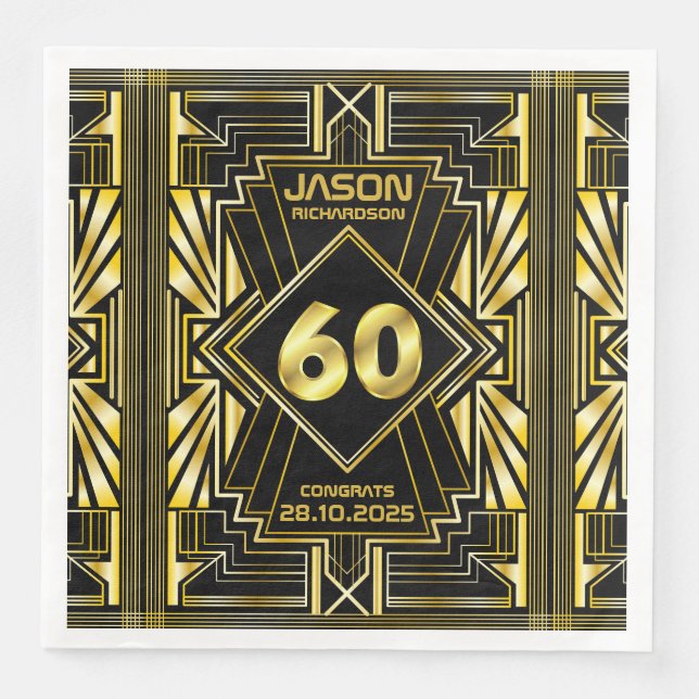 60:e födelsedag Art Deco Guld Black Underbar Gatsb Pappersservett (Framsida)