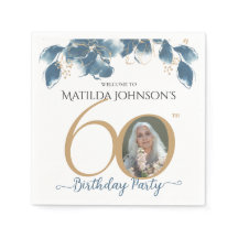 60:e födelsedag Blått Guld-vattenfärgsfoto Blommig