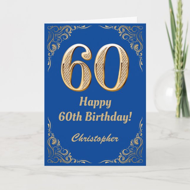 60:e födelsedag Blått och Guld Glitter Ram Kort (Framsida)