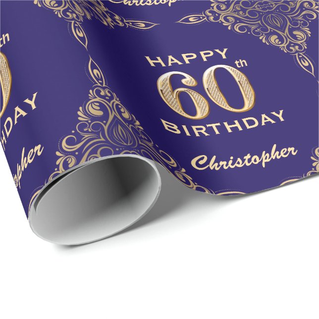 60:e födelsedag Blått och Guld Glitter Ram Presentpapper (Rullad Hörn)