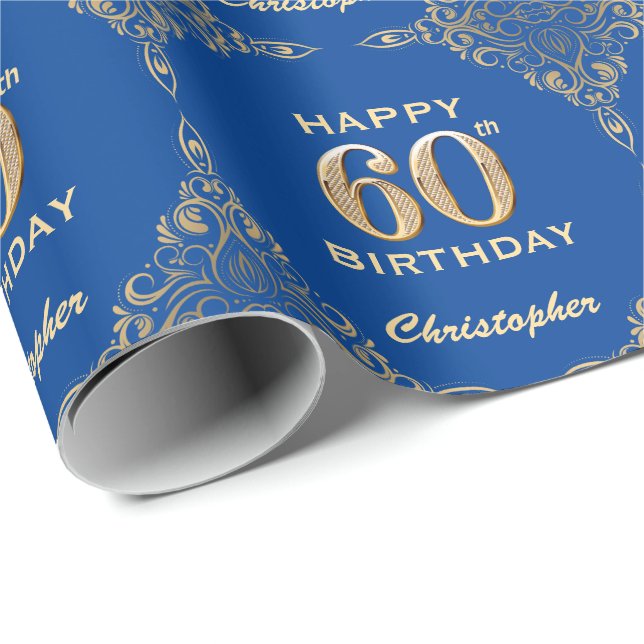 60:e födelsedag Blått och Guld Glitter Ram Presentpapper (Rullad Hörn)