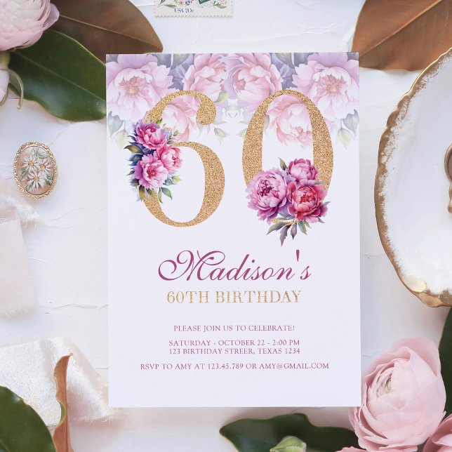 60:e födelsedag Blommigt Rosa Guld Glitter Inbjudningar (Skapare uppladdad)