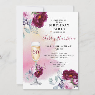 60:e födelsedag Blommigten champagne Glass Inbjudningar