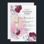 60:e födelsedag Blommigten champagne Glass Inbjudningar<br><div class="desc">En elegant-snyggt,  60-årsinbjudan,  med en blommigt champagneglas,  rosa och burgiga blommigtar,  och en vattenfärg tvättar bakgrund i rosa hues,  med ett elegant-skript namnteckning namn. Snyggt och modern.</div>