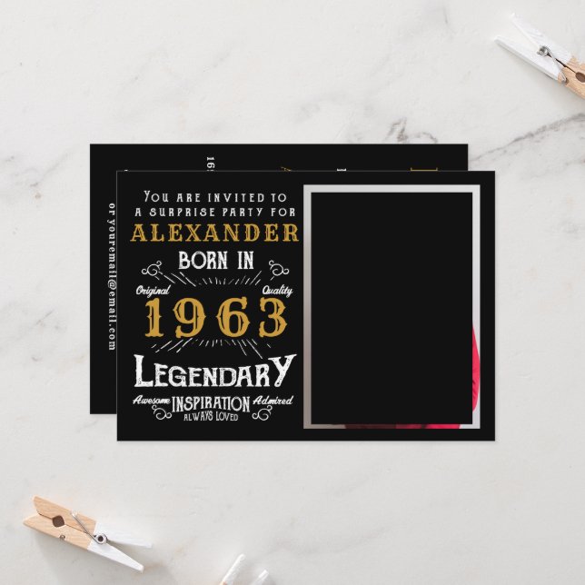 60:e födelsedag Born 1963 Black Guld Retro Photo Inbjudningar (Fram/Back In Situ)