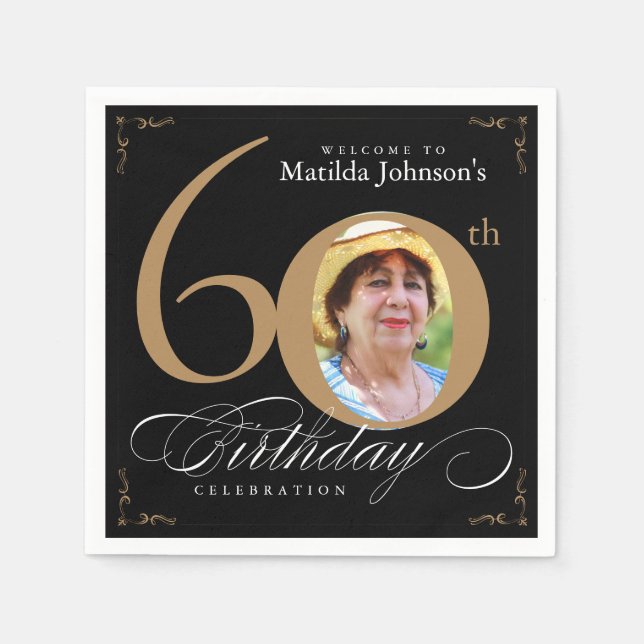 60:e födelsedag Elegant Black Guld Calligraphy Pho Pappersservett (Framsidan)