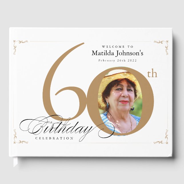 60:e födelsedag Elegant Guld Vita Calligrafi Foto Gästböcker (Framsida)