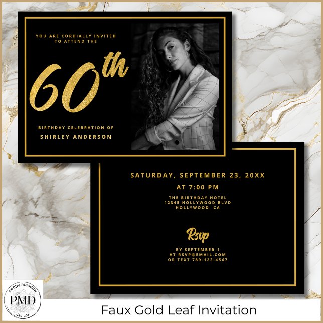 60:e födelsedag Eleganten Photo Black Faux Guld Lö Inbjudningar (60th Birthday Photo Black and Faux Gold Leaf Elegant Invitation with Party Details on the Back.)