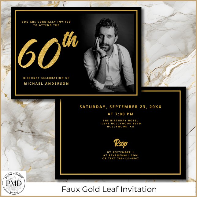 60:e födelsedag Eleganten Photo Black Guld Inbjudningar (60th Birthday Black and Gold Photo Invitation with Faux Gold Leaf, Party Details on the Back.)