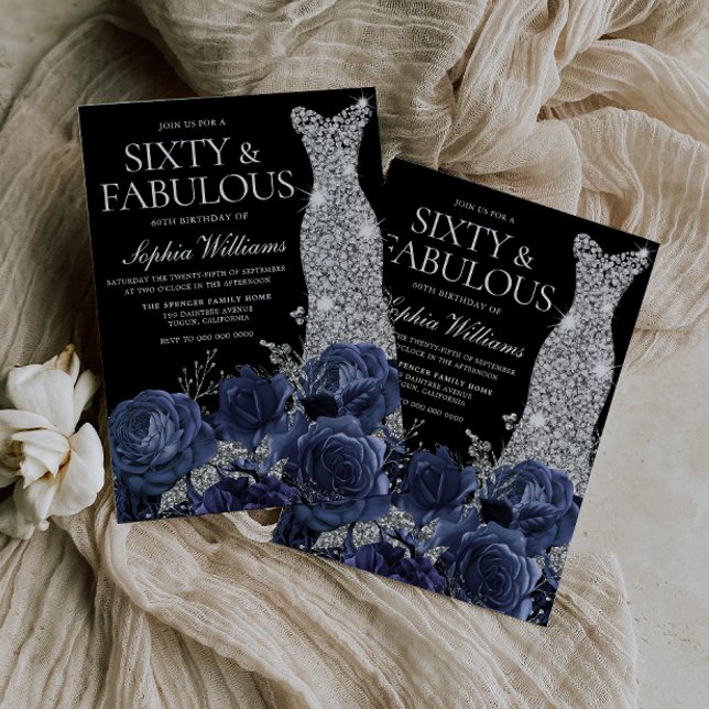 60:e födelsedag för flodvågor och Silver-Dress sva Inbjudningar (Skapare uppladdad)