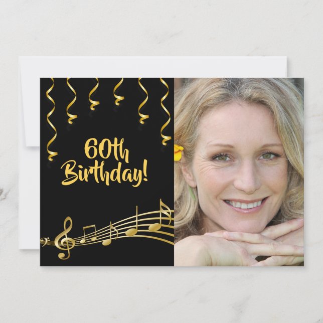 60:e födelsedag foto svart glam från guld inbjudningar (Framsida)