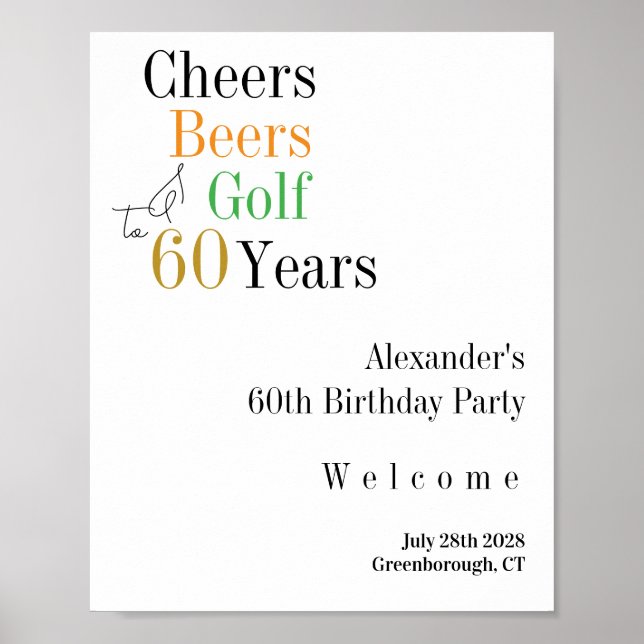 60:e födelsedag: Golf Cheers Öl Minimal Welcome Poster (Framsidan)