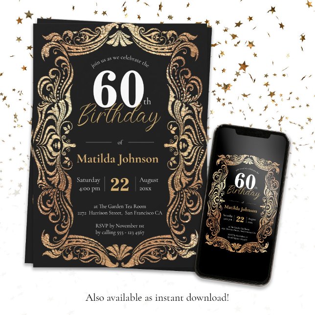 60:e födelsedag Guld Black Boho Glamous Elegant Inbjudningar (60th Birthday Gold Black Boho Glamorous Elegant Invitation)