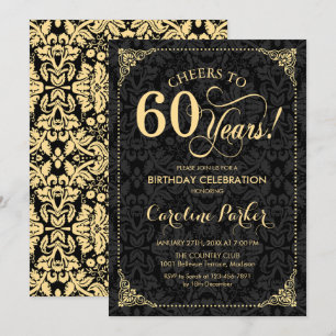60:e födelsedag - Guld Black Damask Inbjudningar