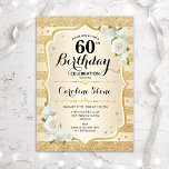 60:e födelsedag - Guld Rand Vit ros Inbjudningar<br><div class="desc">60:e födelsedagsinbjudan. Utformning av blommigten i guld och vitt. Funktioner faux glitter guld rand,  vit ros snyggt,  skriptteckensnitt och konetti. Perfekt för en glam-födelsedagsfest.</div>