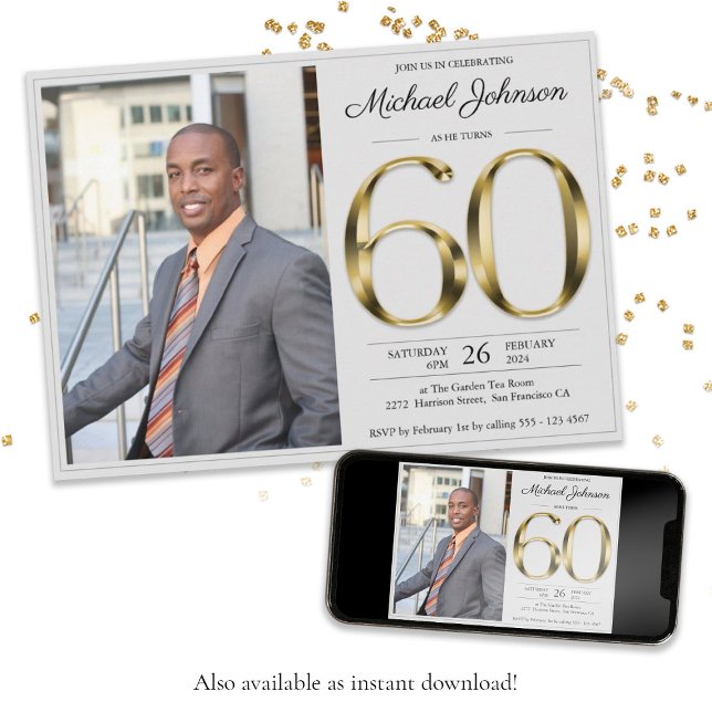 60:e födelsedag Guld Text Classy Grått Anpassnings Inbjudningar (60th Birthday Gold Text Classy Gray Custom Photo Invitation)