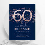60:e födelsedag i elegant Blåblå Ro Guld Inbjudningar<br><div class="desc">Elegant 60:e födelsedagsfest inbjudan i guld vid marinblått ro. Anpassadets moderna femininindesign med rosor botaniska accenter och faux glitter ro guld. Enkel perfekt för inbjudan-kort i blommigt för en snyggt kvinnlig dag firande. Anpassa med dina egna detaljer. Skrivna Zazzle-inbjudningar eller digital utskrivbar mall för omedelbar nedladdning.</div>