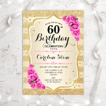 60:e födelsedag - inbjudan till Guld Rand Rosa ros<br><div class="desc">60:e födelsedagsinbjudan. Elegantens utformning i guld och rosa. Funktioner faux glitter guld rand,  rosa ros snyggt,  skriptteckensnitt och konetti. Perfekt för en glam-födelsedagsfest.</div>