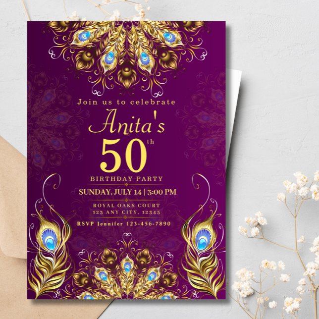 60:e födelsedag Indiska etniska Rosan Guld Peacock Inbjudningar (Skapare uppladdad)