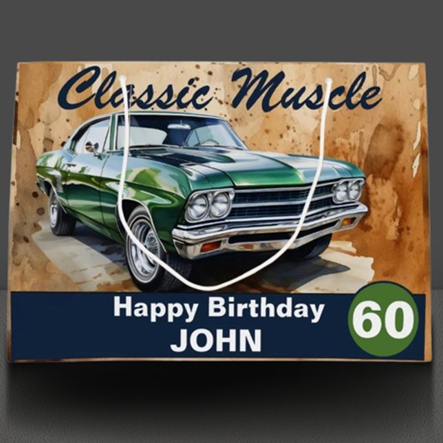 60:e födelsedag, klassisk muskelbil Stor giftsäck (Rev up your celebration with our classic green muscle car illustration! )