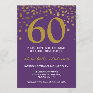 60:e födelsedag Lila Guld Konfetti Modern Elegant Inbjudningar