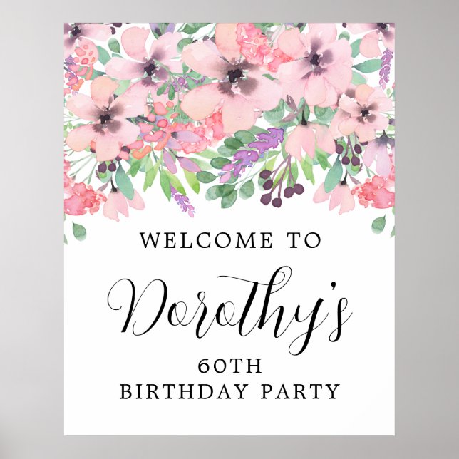 60:e födelsedag Lila Rosa Wildbloms välkomstskylt Poster (Framsidan)