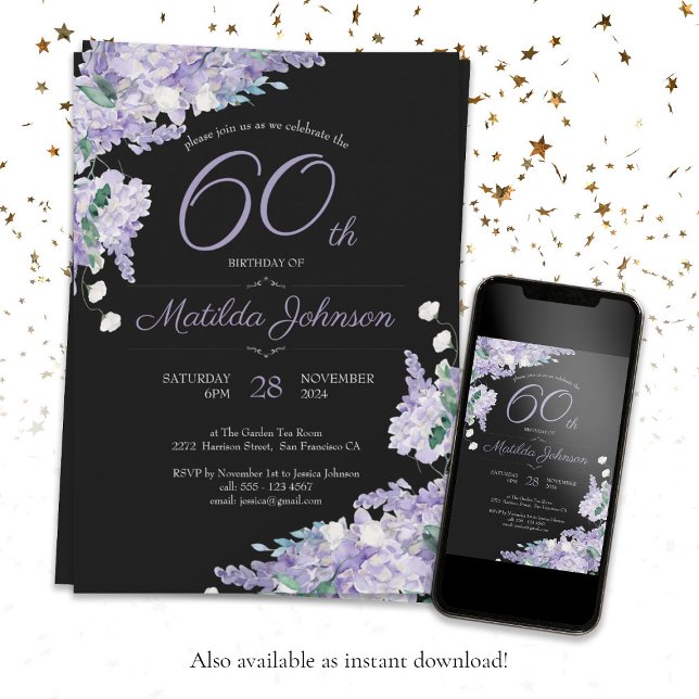 60:e födelsedag Lila Watercolor Blommigt Black Chi Inbjudningar (60th Birthday Purple Watercolor Floral Black Chic Invitation)