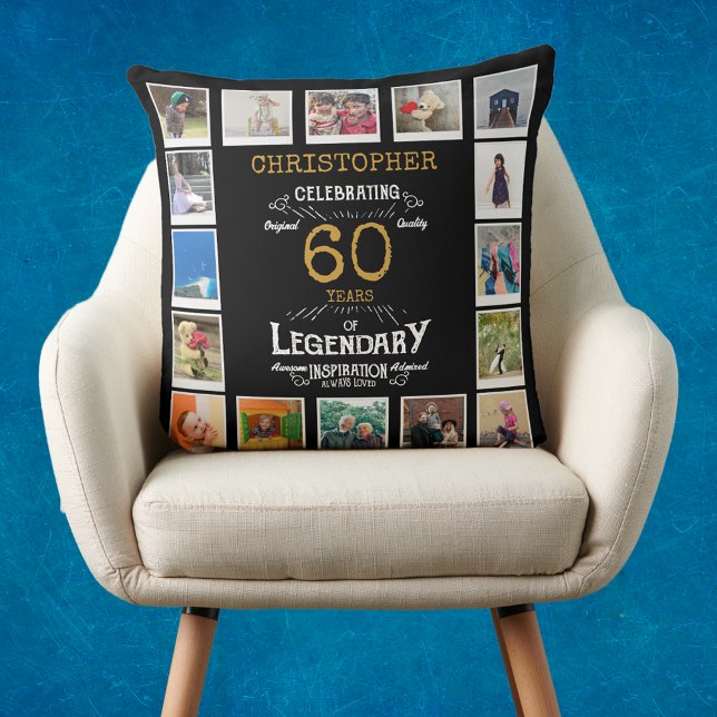 60:e födelsedag med svart Guld-foto Kudde (Personalized 60th birthday gift throw pillow with 16 photos of your choice)