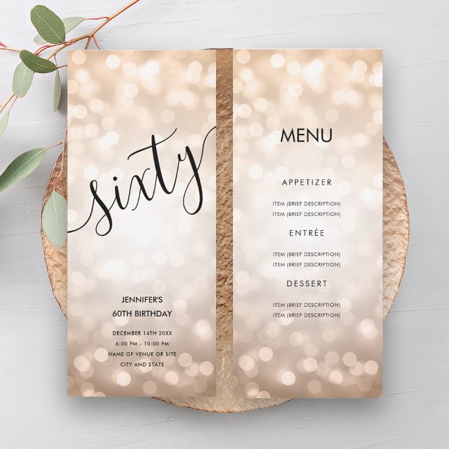 60:e födelsedag Menu Ro Guld Glitter Ljus Inbjudningar (60th Birthday Menu Rose Gold Glitter Lights Invitation)