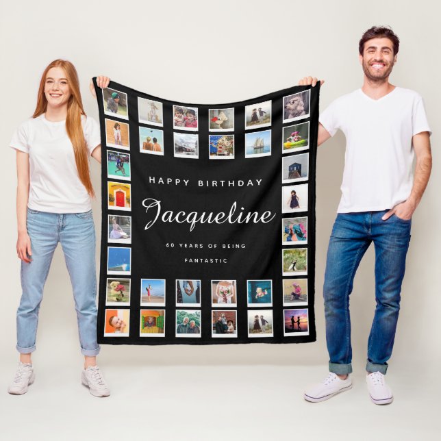 60:e födelsedag Modern Chic Photo Collage Black Fleecefilt (På plats)