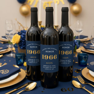 60:e födelsedag Namn 1966 Chic för Eleganten Blått Vinflaska Etikett