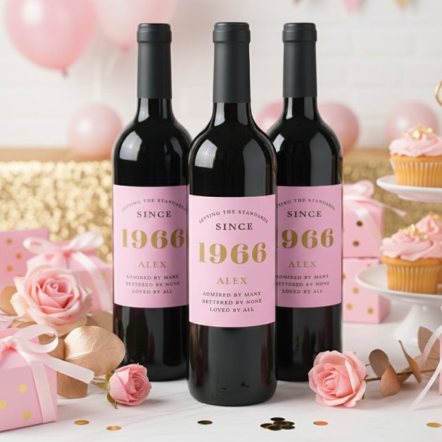 60:e födelsedag Namn 1966 Rosa Guld Elegant Chic Vinflaska Etikett (60th birthday pink and gold wine bottle labels on 3 red wine bottles)