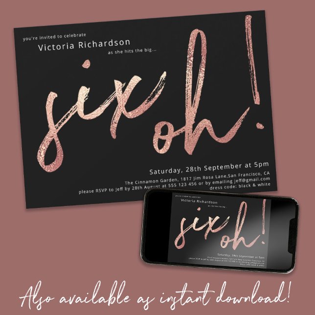 60:e födelsedag Ro Gold Foil Snyggt Black Inbjudningar (Six Oh 60th Birthday Rose Gold Foil Stylish Black Invitation)