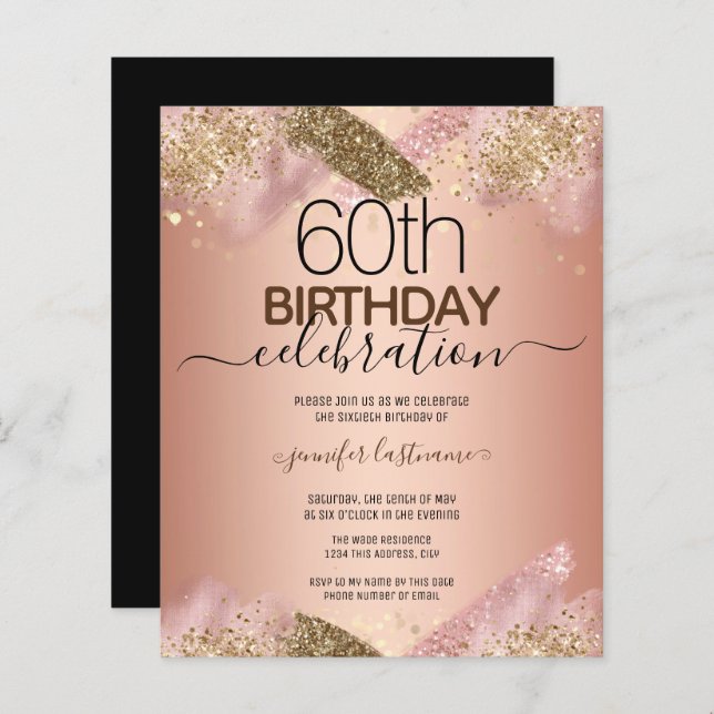 60:e födelsedag Rosa Glitter Party budgetinbjudan (Fram/baksida)