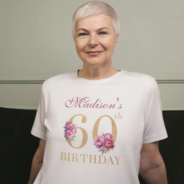 60:e födelsedag Rosa Peonies Guld Glitter Anpassni T Shirt (Skapare uppladdad)
