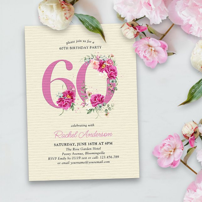 60:e födelsedag Rosa Peony-Blommigt nummer 60 Inbjudningar (60th Birthday Invitation with pink floral number 60 - elegant vintage design with roses and peonies)