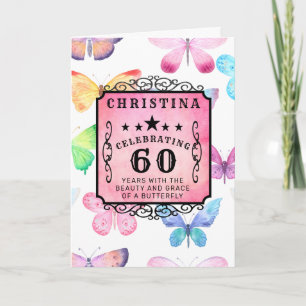 60:e födelsedag Rosa Watercolor Butterfly Hälsning Kort