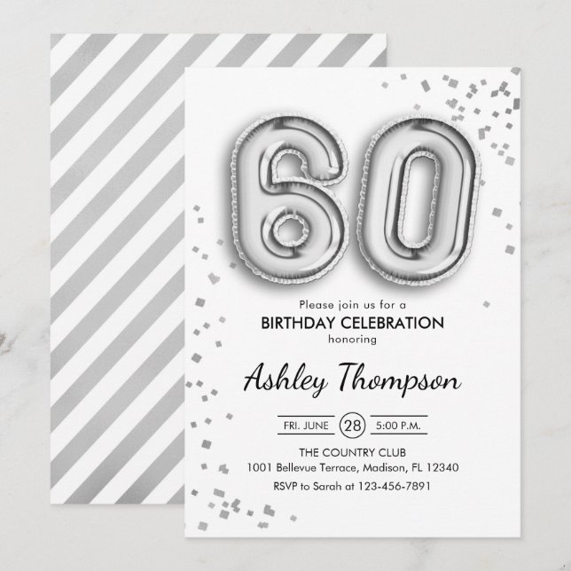 60:e födelsedag - Silver-ballonger Inbjudningar (Fram/baksida)